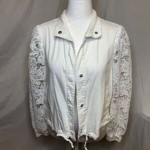 INC International Concepts White Lace Sleeve Floral Button Down Jacket Womens